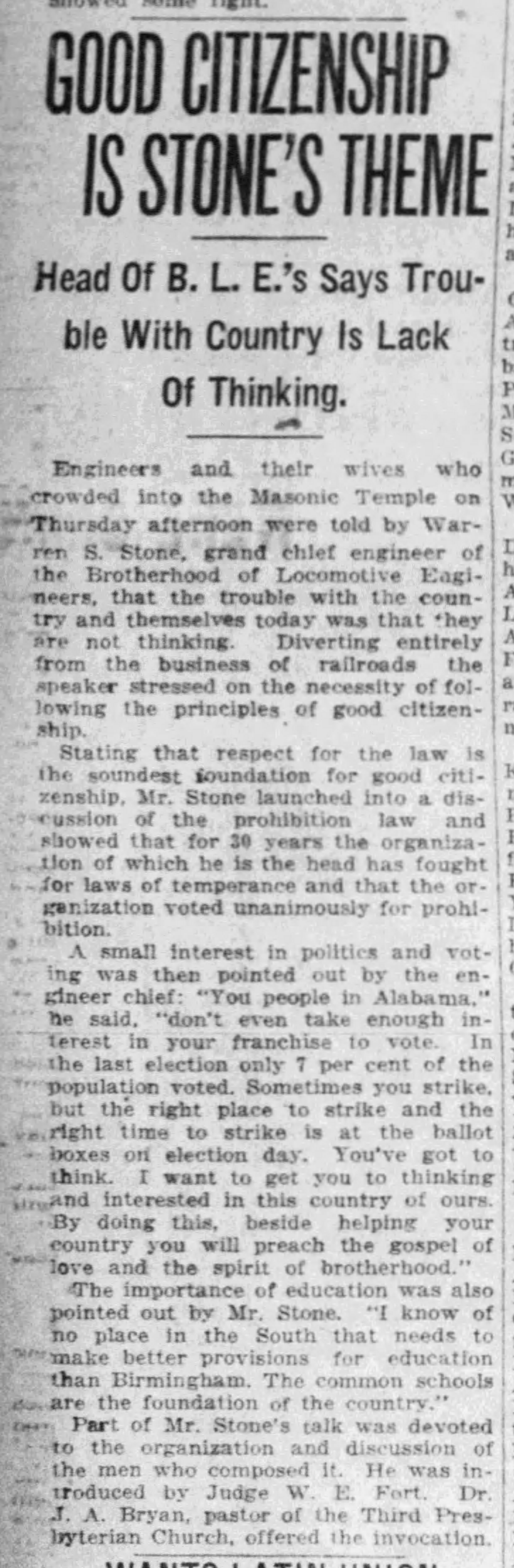 Good Citizenship Is Stone's Theme